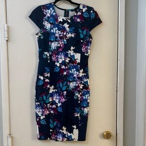 Felicity & Coco Navy Floral Midi Dress with Purple & Teal Accents
